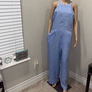 J. McLaughlin blue & white linen wide leg jumpsuit.